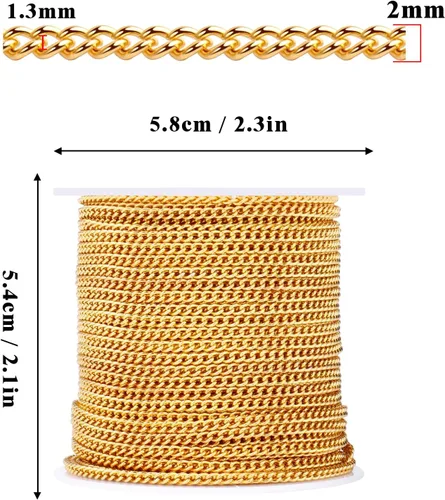 Miniatura 5 de [66 pies/20M] Cadena de bordillo de acero inoxidable chapada en oro de 18 quilates, 2mm, acero inoxidable 304, eslabones trenzados planos, cadenas