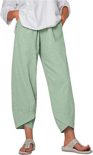 Miniatura 7 de Pantalones Capri de Lino de Algodón para Mujer 2025, Pantalones Palazzo Recortados Casuales con Estampado, Cintura Elástica, Pantalones Holgados