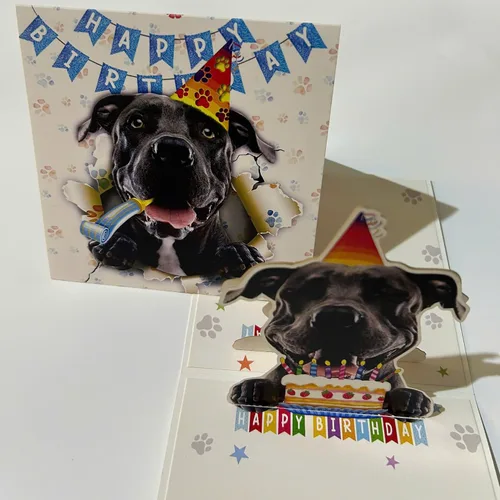 Miniatura 5 de Tarjeta de Cumpleaños 3D Pop-Up American Pit Bull Terrier Dog – Lindo perro American Pit Bull Terrier con celebración de pastel, saludo de feliz