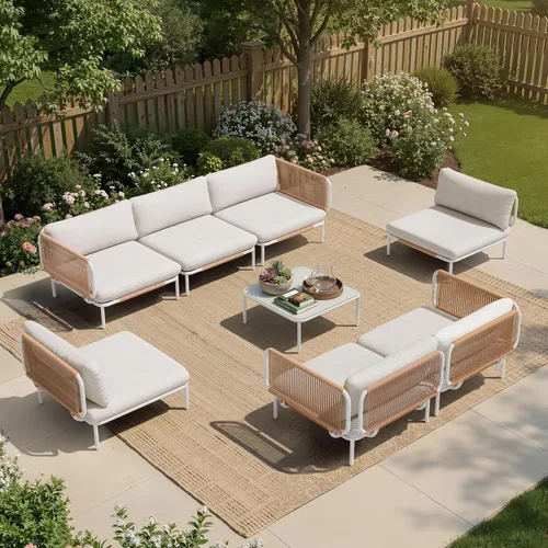 Miniatura 14 de Juego de muebles de patio, muebles de patio al aire libre, sofá seccional de metal de gran tamaño, juego de conversación de 4 asientos con cojín