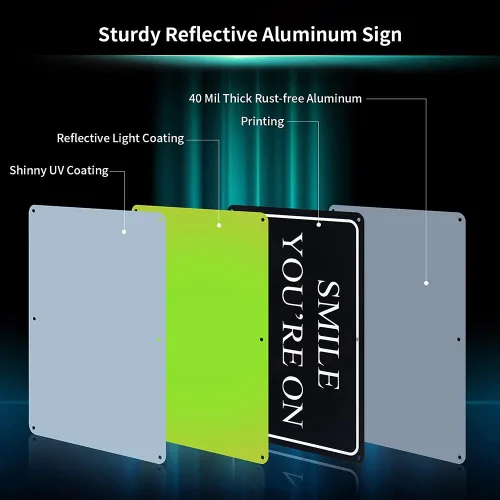 Miniatura 2 de Paquete de 2 carteles reflectantes de aluminio de 10 x 7 pulgadas con texto en inglés "Smile You're On", sin óxido, protección UV y resistente a
