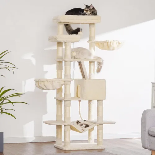 Miniatura 4 de Heybly Árbol para Gatos, Torre para Gatos Multinivel de 68 Pulgadas para Gatos de Interior, Condominio para Gatos con 2 Perchas de Felpa Ensanchadas