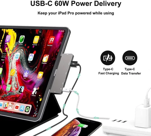 Miniatura 5 de Adaptador para iPad Pro USB C Hub M4 M2 M1/iPad Air 4/5/6/iPad Mini 6, Adaptador 7 en 1 con HDMI 4K, Jack de 3.5mm, USB 3.0, PD 100W, SD/TF, Datos