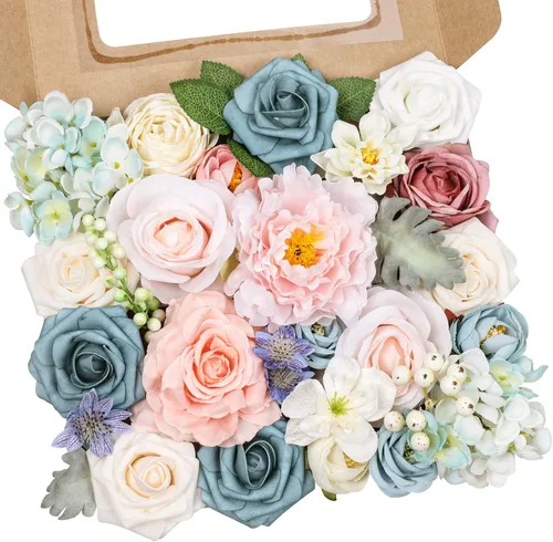 Miniatura 14 de AmyHomie - Juego de flores artificiales blancas, mezcla de seda, peonía, rosa, hortensia, margarita, con tallo, para bricolaje, centros de mesa