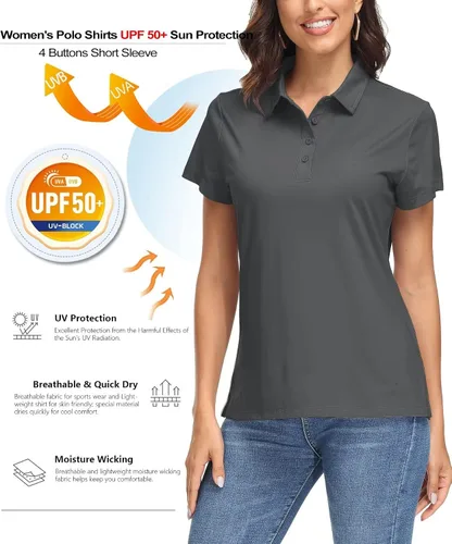 Miniatura 3 de MAGCOMSEN Polo para mujer UPF 50+, protección solar, 4 botones, casual, trabajo, secado rápido, manga corta, cuello de golf