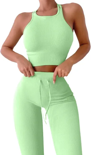 QINSEN Conjuntos de entrenamiento sin costuras para mujer conjuntos de leggings de yoga de cintura alta acanalados de 2 piezas