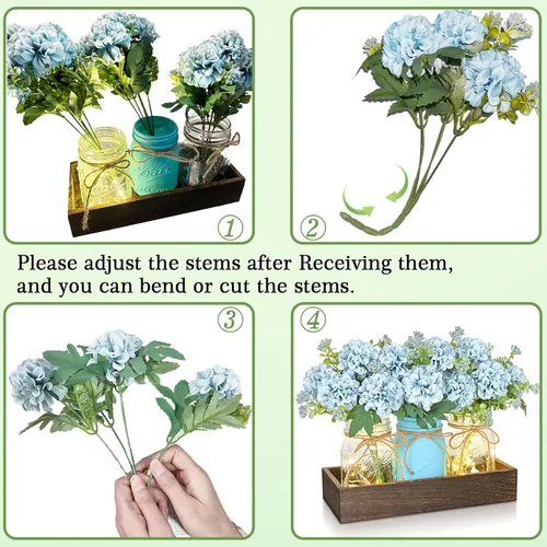 Miniatura 2 de BLEUM CADE Decoración de mesa de centro de mesa, 3 piezas de flores artificiales de hortensias en frascos Mason con bandeja de madera para mesa