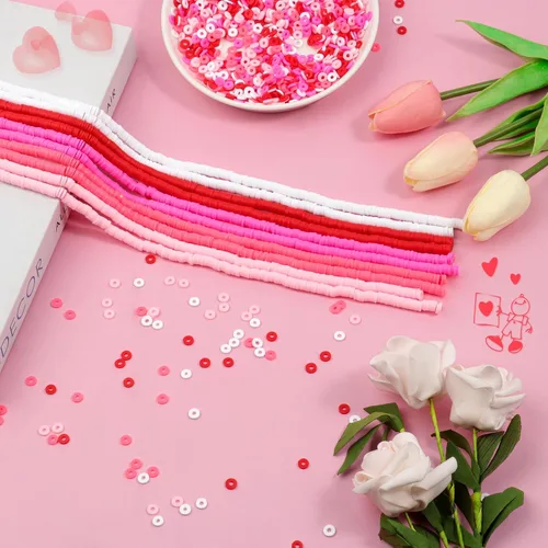 Miniatura 2 de 3600 cuentas de arcilla rosa para hacer pulseras de la amistad, 10 hebras planas redondas de arcilla polimérica cuentas Heishi espaciadoras de 0.236