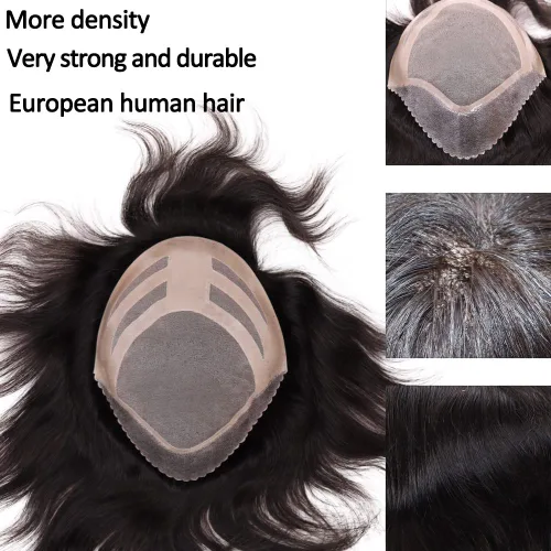 Miniatura 3 de Pelucas para hombre, tupé para hombre, unidad de tejido de cabello humano virgen europeo para hombre, tupé, mono encaje superior, piel sintética, 1B