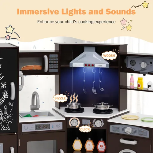 Miniatura 3 de GLACER Cocina de madera de esquina para niños, juego de cocina grande con sonido, luz, pizarra, microondas, máquina de hielo, lavadora, accesorios