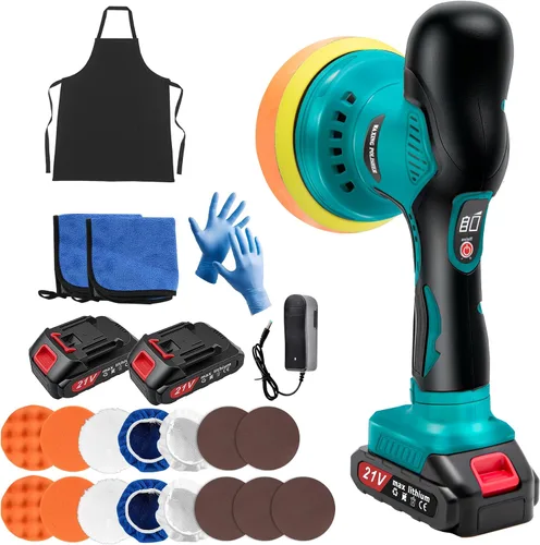 Kit de pulidora de búfer de coche inalámbrica con 2 baterías de 21V, pulidora de coche de 6 pulgadas con 8 velocidades variables de 2800-6000RPM y