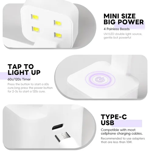 Miniatura 3 de PEACECOLOR Mini luz U V para uñas de gel, lámpara de uñas U V, secador de uñas, 2 modos de temporizador, lámpara LED de secado rápido para esmalte