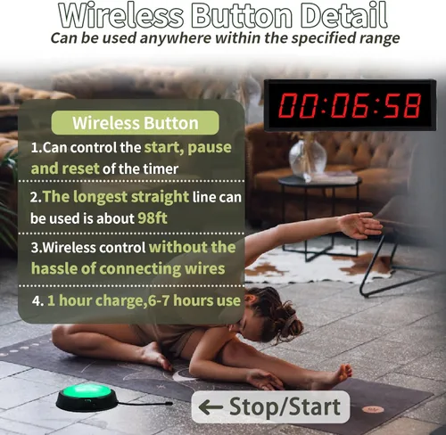 Miniatura 4 de Reloj digital con temporizador de gimnasio con botón de inicio/parada inalámbrico, reloj de entrenamiento con control remoto, reloj de pared