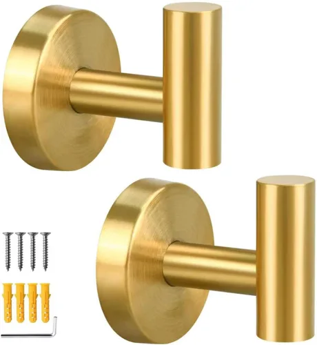 Mdvora Paquete de 2 ganchos dorados cepillados, ganchos de baño de acero inoxidable SUS304 para dormitorio, cocina, hotel, oficina