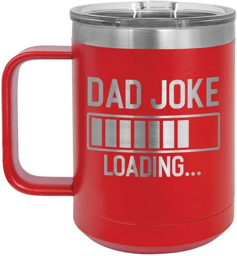 DAD JOKE LOADING Taza de café roja de 15 oz con tapa deslizante | Taza de café de viaje aislada | Ideas de regalos del día del padre de hijo o hija