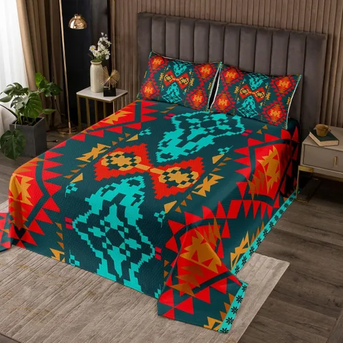 Miniatura 19 de Erosebridal Juego de colcha étnica tribal con flechas geométricas aztecas, acolchado occidental, tribu africana, exótico, atrapasueños, plumas
