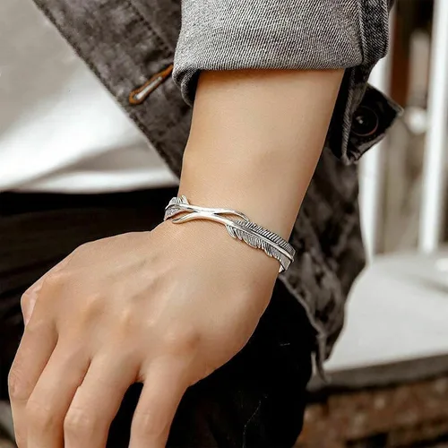 Miniatura 6 de Pulsera de plumas de plata Lucky Hope Cuff Jewelry Simple Retro para mujeres y hombres