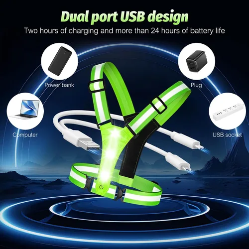 Miniatura 6 de LED Reflective Running Vest - Light Up With 3 Modes, Rechargeable Night Gear for Runners - Safety Belt for Women Men Verde