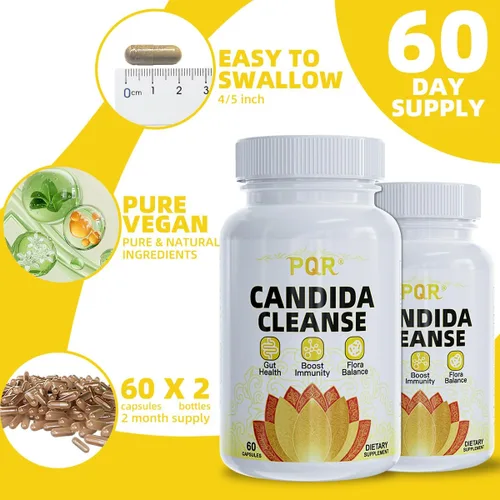 Miniatura 6 de PQR Candida Cleanse - Soporte intestinal y colon, fórmula herbaria natural, incluye hoja de orégano, ajenjo, nogal negro, ácido caprílico-1, 120