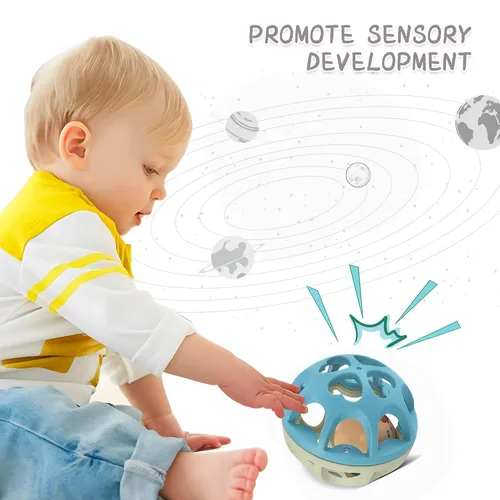Miniatura 4 de Pelota de sonajero para bebé, juguetes Montessori sensoriales para dentición, juguete suave para masticar con sonajeros para bebés, juguetes de Azul