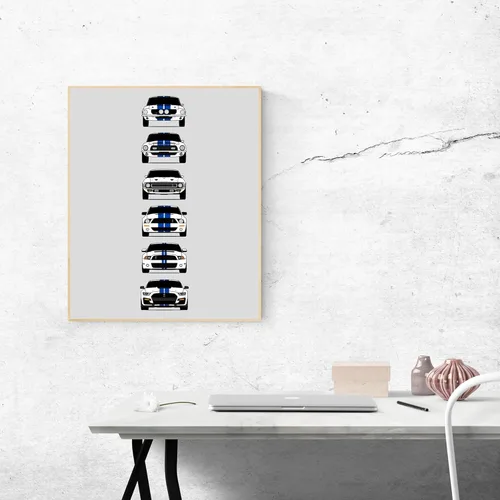 Miniatura 6 de Custom Car Posters Póster hecho a mano compatible con Shelby Mustang GT500 Generations e impresión de Ford Shelby GT500, blanco con rayas azules, 2.