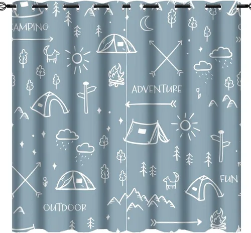 Miniatura 32 de Cortinas abstractas con estampado de cámper de caricaturas, divertido tema de aventura, campamento, montañas, vida silvestre, oso, tratamiento