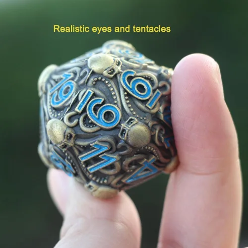Miniatura 4 de Big Octopus D20 - Dados de metal con acabado de bronce antiguo sólido con números azules, para Cthulhu Mythos, juegos de rol de mesa -DNDWoW BZQB