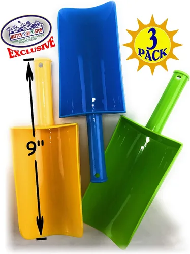 Miniatura 3 de Matty's Toy Stop Paquete de 3 palas de plástico con mango corto para arena y playa (amarillo, azul y verde) para niños de 9 pulgadas