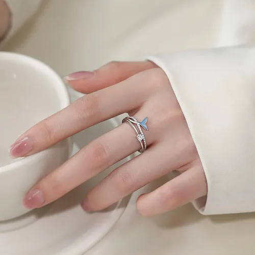 Miniatura 3 de Delicado anillo abierto de cola de sirena para mujer, circonita cúbica, cola de pez azul, doble capa, ajustable, apilables, anillos de compromiso