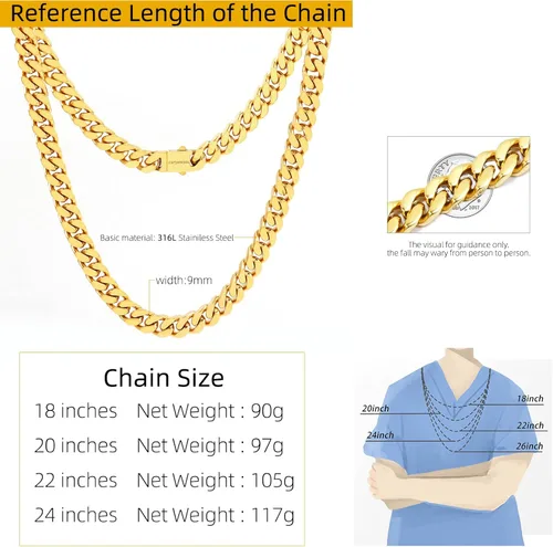 Miniatura 5 de CaptainSteeL Collar de cadena cubana Miami para hombres y mujeres, acero inoxidable 316L de 50.354in de ancho, 18"20"22"24" de largo, joyería de hip