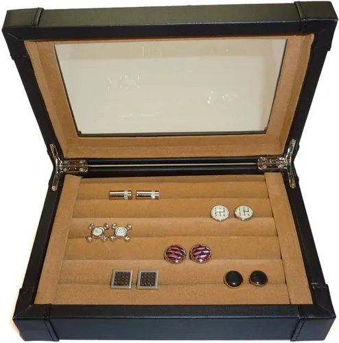 Miniatura 3 de TimelyBuys Caja de gemelos de piel sintética negra y organizador de anillos, joyero para gemelos, regalo del día del padre