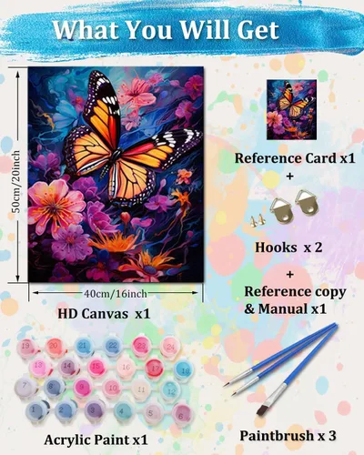 Miniatura 2 de TOCARE Kit de pintura por números de mariposas y flores para adultos principiantes, lienzo de pintura para adultos por números, juegos de pintura