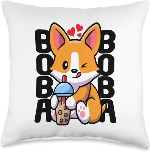 Adorable Corgi Doggy Furry Mammals Pedigree Canine Kawaii Boba Dog Corgi Drink Lindo Anime Bubble Tea - Almohada de corazón, 16 x 16 pulgadas,