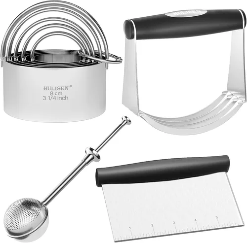Miniatura 11 de HULISEN Juego de cortador de galletas de acero inoxidable, raspador de pastelería y licuadora de masa, resistente y duradero con agarre de goma