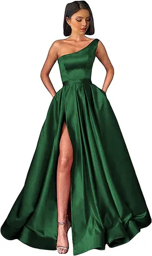 GUKARLEED Vestido de fiesta largo con un hombro para mujer, vestido de baile largo con abertura alta, corsé de satén, vestidos formales, vestido de