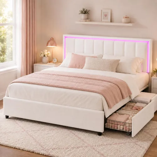 Miniatura 10 de IMMERSTABLE Base de cama tamaño Queen con cabecero y 4 cajones de almacenamiento, plataforma tapizada de piel sintética con luces LED, listones