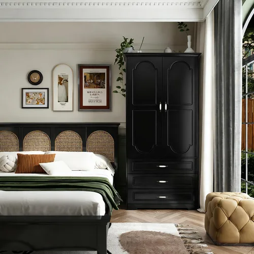 Miniatura 7 de FJTJBSI Armario Armario con 3 cajones y luz LED de 72 pulgadas, armario de madera para dormitorio con 2 puertas y manijas de puerta de cerámica