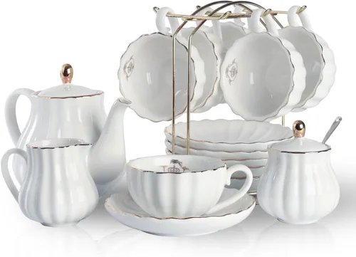 Miniatura 13 de Sweejar Juegos de Té de Porcelana Serie British Royal, Tazas y Platillos de 8 OZ para Servicio de 6, con Tetera Azucarero Jarra de Crema Cucharitas
