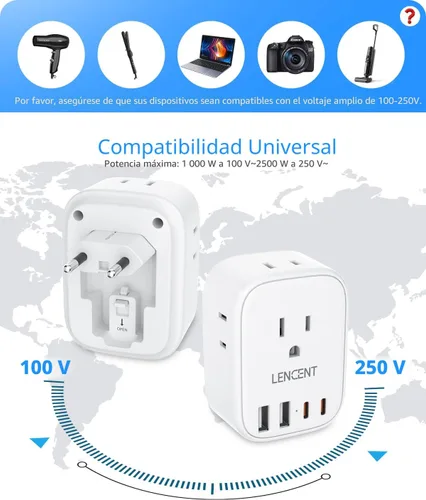 Miniatura 6 de LENCENT - Adaptador de enchufe de viaje europeo, enchufe plegable tipo C de Estados Unidos a Europa con 4 tomas, 4 puertos USB (2 USB C), adaptador