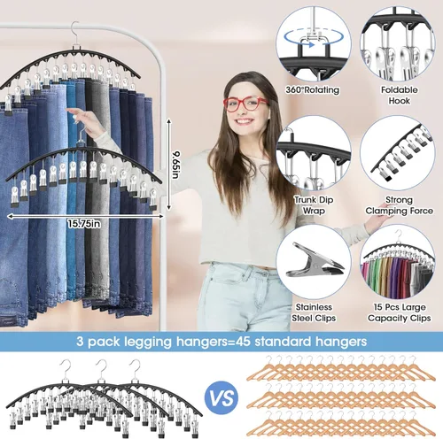 Miniatura 3 de Paquete de 3 organizadores de leggings para colgar en el armario, perchas para pantalones con clips con capacidad para 45 leggings, pantalones Negro