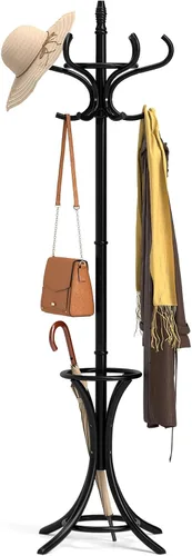 Tangkula Perchero con soporte para paraguas, perchero independiente de 73 pulgadas con 12 ganchos, entrada de madera para ropa, bolsos, sombreros,
