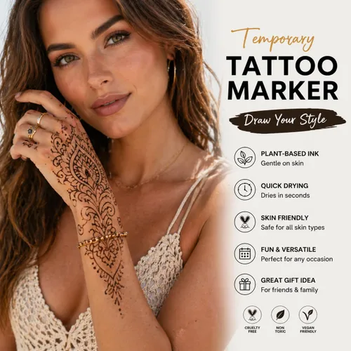 Miniatura 4 de Marcadores temporales de tatuaje para piel, 15 bolígrafos de tatuaje de doble punta + 50 plantillas de pintura + 43 calcomanías de tatuajes, juego