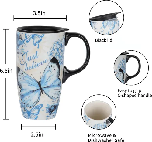 Miniatura 6 de Topadorn Taza de café de cerámica de 17 onzas con tapa y caja de regalo, taza inspiradora de mariposa de acuarela, taza de té de porcelana floral B