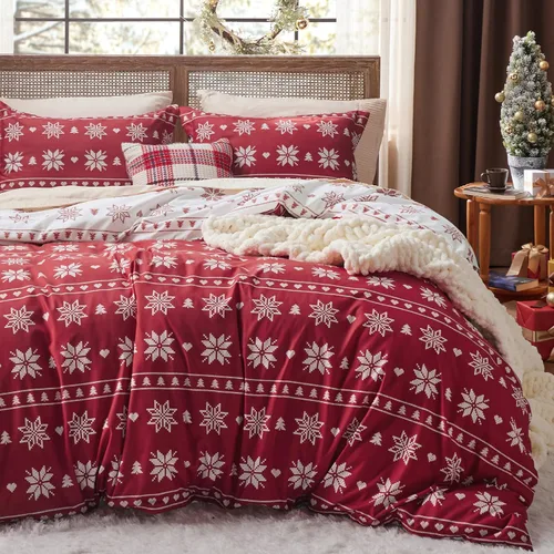 Bedsure Funda de edredón de Navidad tamaño individual, colección de ropa de cama para niños con patrón de copos de nieve navideños, incluye 1 funda