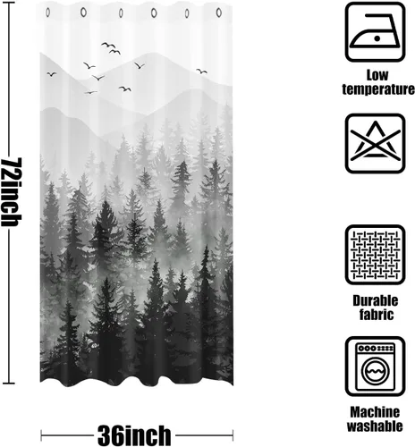 Miniatura 6 de Cortina de ducha Stall pequeña de bosque brumoso en blanco y negro, gris degradado, árbol de pino de montaña, tela impermeable, cortinas de ducha