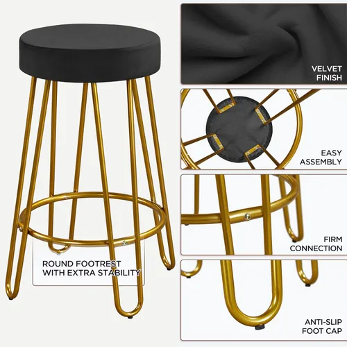 Miniatura 6 de Yaheetech Juego de 2 taburetes de bar, taburetes redondos de terciopelo, sillas de bar de altura de mostrador sin respaldo con patas doradas