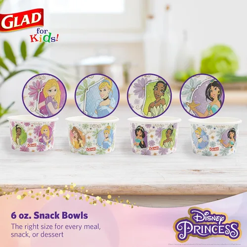 Miniatura 2 de Glad para Niños Cuencos de Papel Desechables de Princesa Disney, Tapas No Incluidas, Marcos Florales - Resistentes, Aptos para Microondas, Vasos