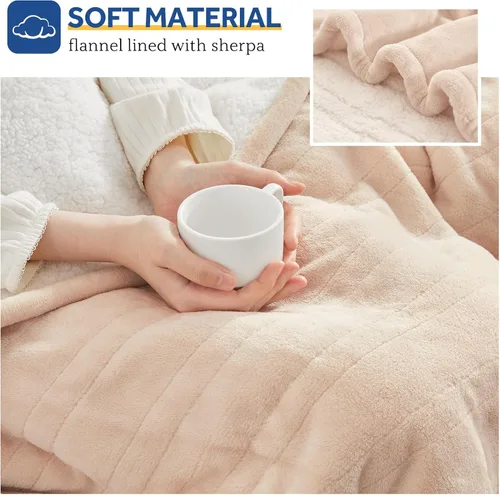 Miniatura 5 de Sealy - Manta eléctrica térmica, manta de franela y sherpa con 6 ajustes de calor y apagado automático de 2-10 horas, calentamiento rápido y Beige