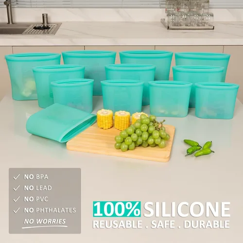 Miniatura 2 de Bolsas de Alimentos Reutilizables, Paquete de 12 Bolsas de Almacenamiento de Alimentos 100% Silicona que se Mantienen de Pie con Cierre Hermético