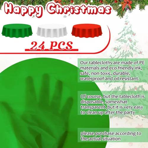 Miniatura 2 de Juexica 24 Piezas Manteles de Plástico Navideños de 84 Pulgadas Redondos Desechables Mantel de Plástico Impermeable Decorativo Cubierta de Mesa Rojo